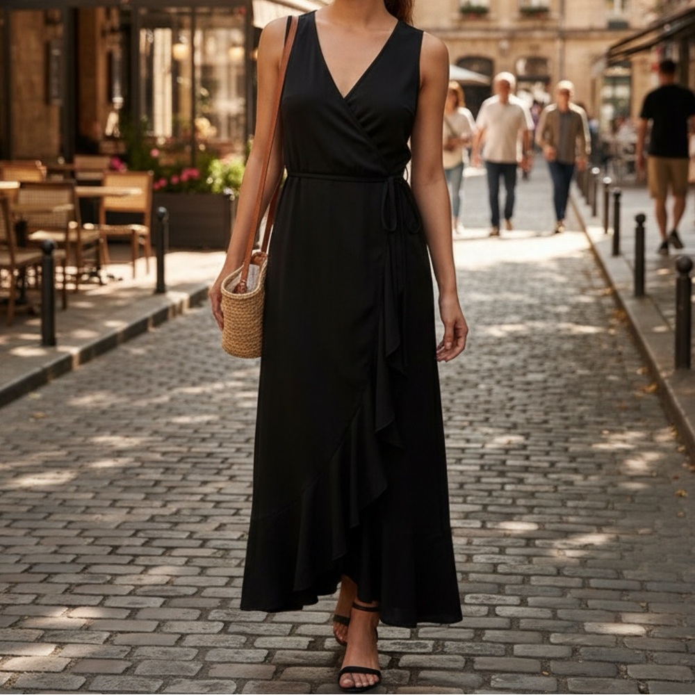 Banana Republic | SOFT PONTE RUFFLE WRAP DRESS Black High Low Dress Ruffle